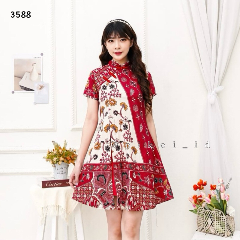 De Couple dress batik modern merah imlek / Cheongsam qipao dress merah batik wanita / kemeja pria