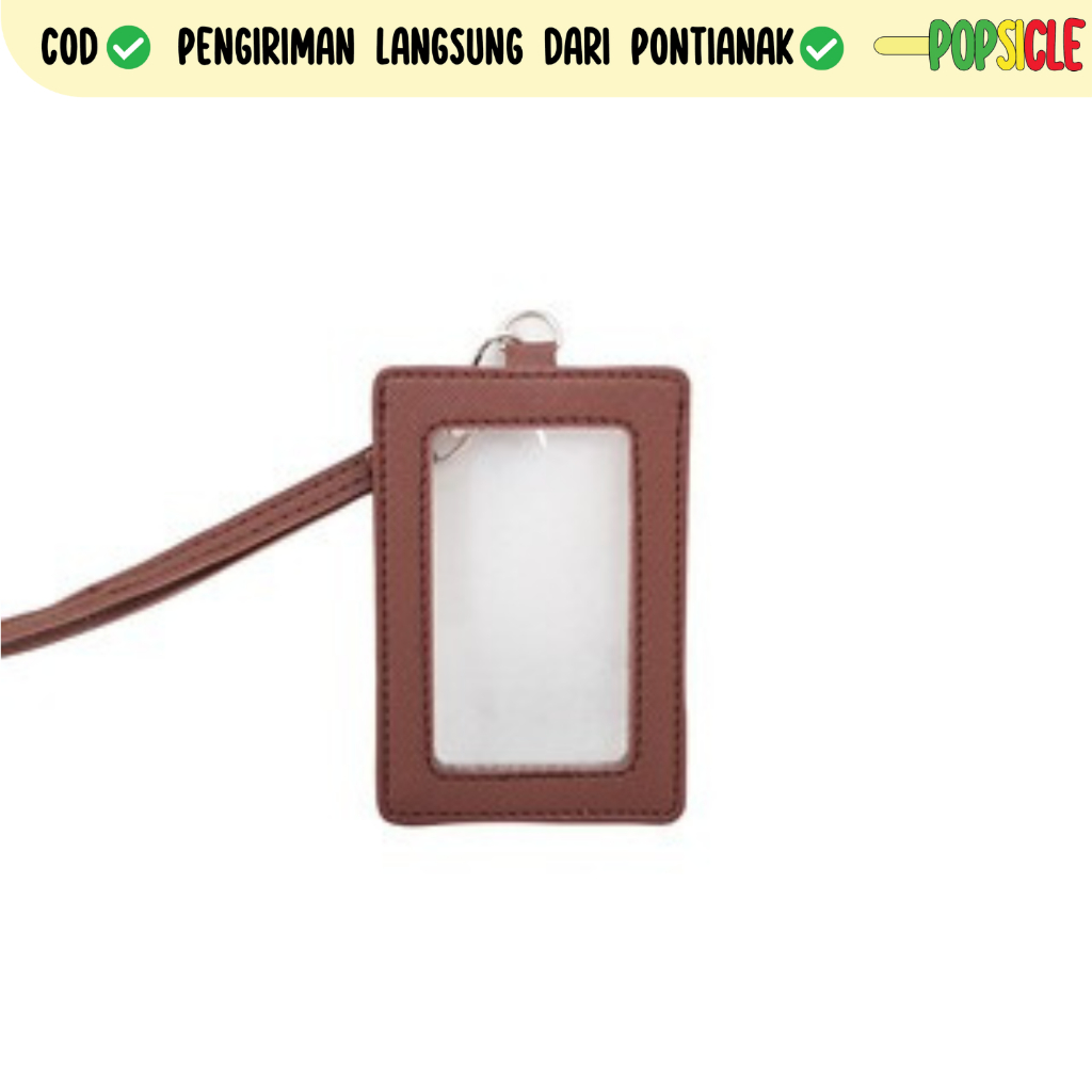 

ID Card Flashee Holder Mika Plastik Warna Coklat Tua Lanyard Kulit Dua Sisi Transparan Termurah PU Leather