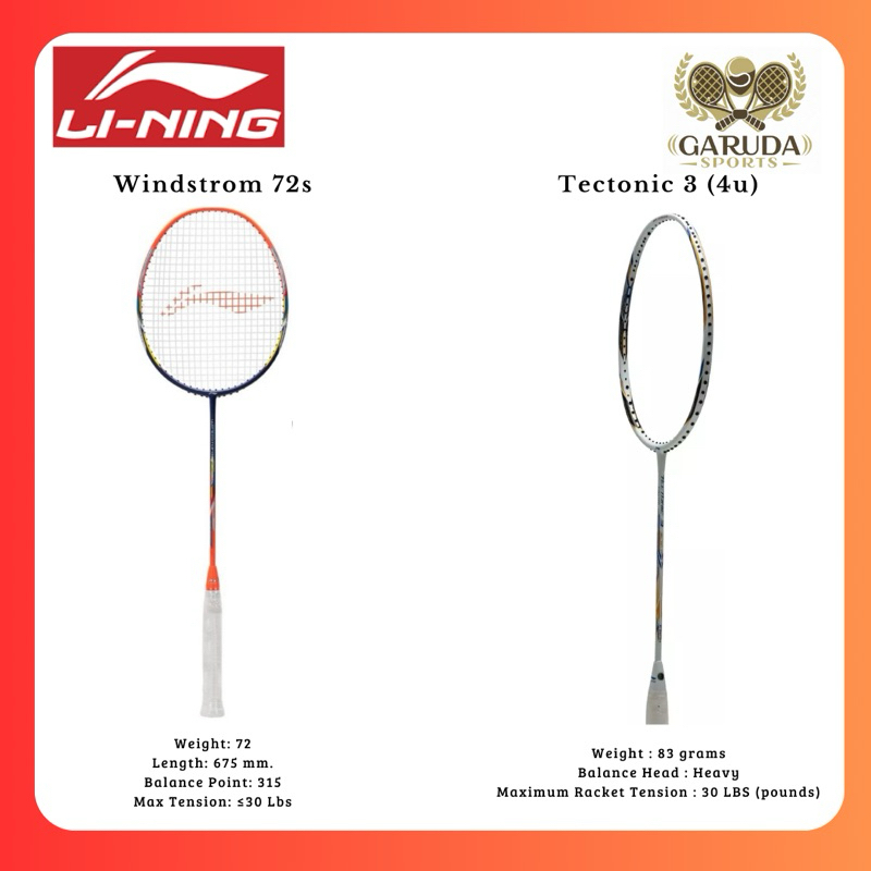 Raket Bulu Tangkis / Badminton LI-NING WINDSTROM 72S | WINDSTROM 76 BLACK |  TECTONIC 3 WHITE