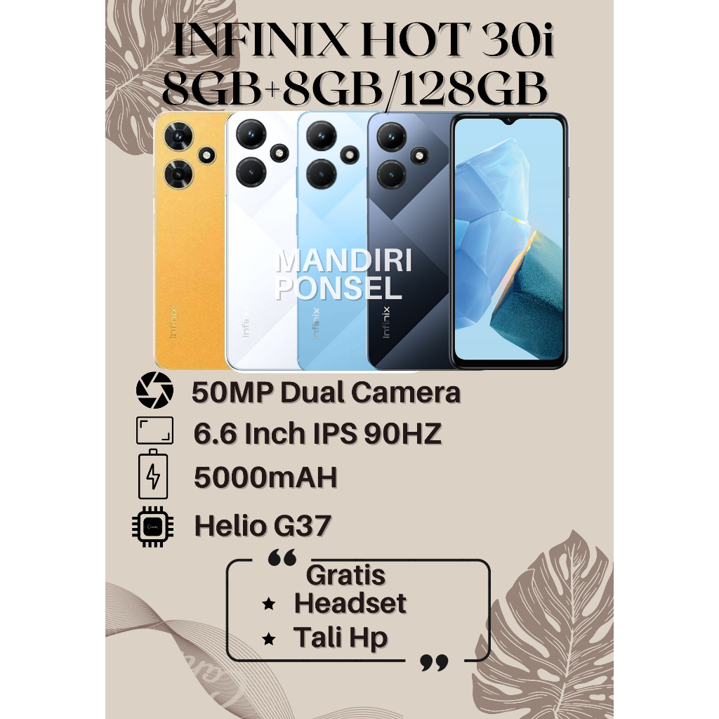 INFINIX HOT 30I RAM 16GB (8+8 EXTEND/128GB) GRATIS HEADSET dan TALI HP