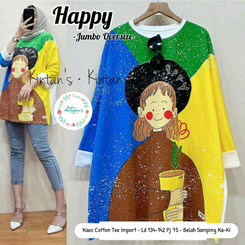 Happy Oversize Tunik Kaos Katun Import Jumbo Fit XXL XXXL 4L Ld120 Ld130 Ld140 Bahan Adem Melar Bela