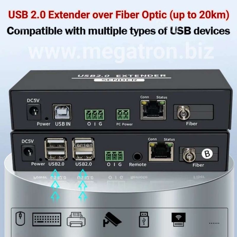 4 Port USB 2.0 Extender over Fiber Optic (FO) - support up to 20 km - support USB camera, printer, etc