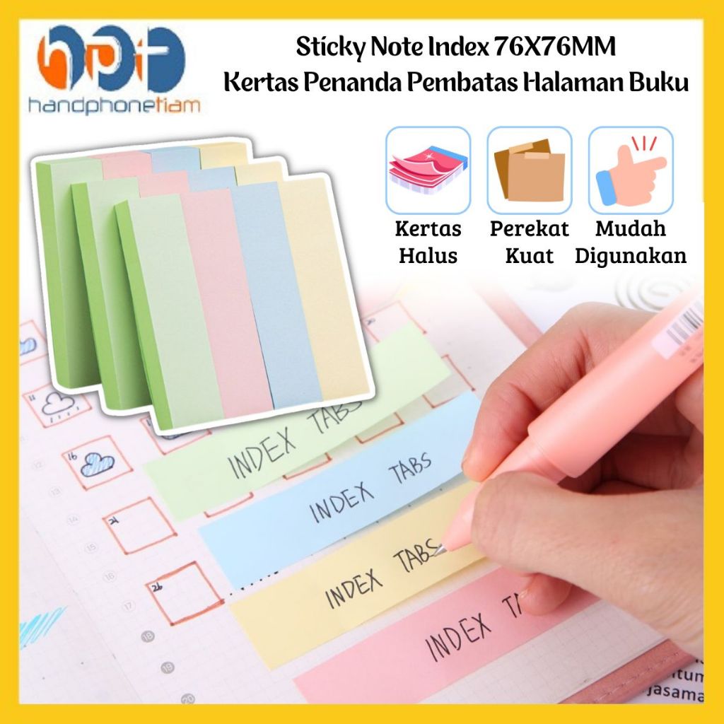 Sticky Note Index 76X76MM 100 Lembar Kertas Polos Kecil Pembatas Buku Penanda Halaman Pengingat Tuga