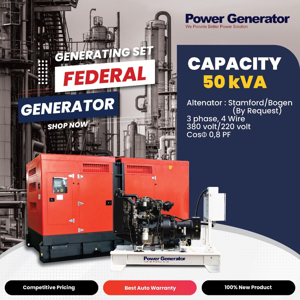 Genset 50 kVA Federal - Open & Silent - Genset Power Indo - Pembangkit Listrik Diesel Genset Murah