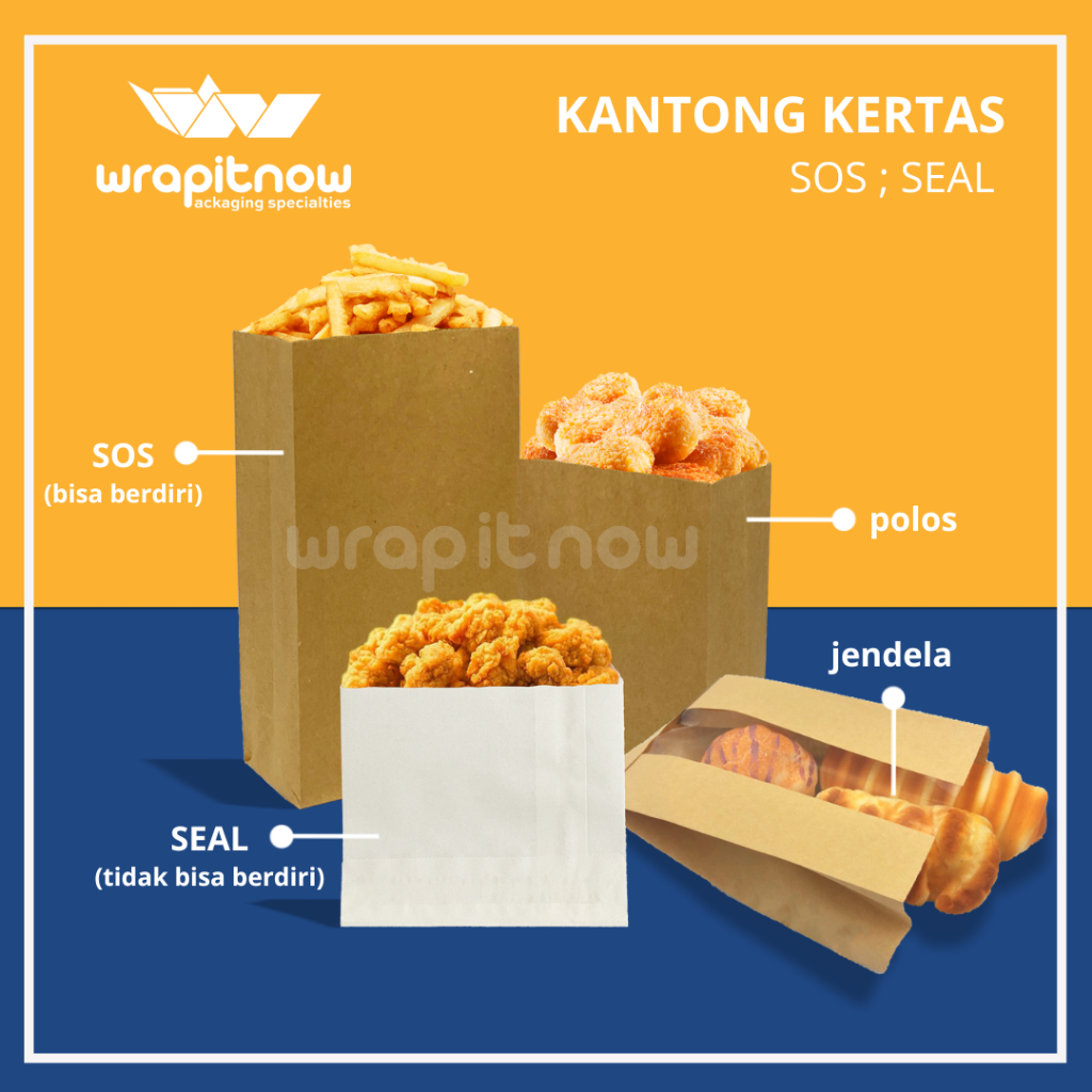 Kantong Kertas SOS Seal Coklat Putih Bungkus Gorengan Tahu Bakwan Ayam Takeaway Pastry Roti Cookies