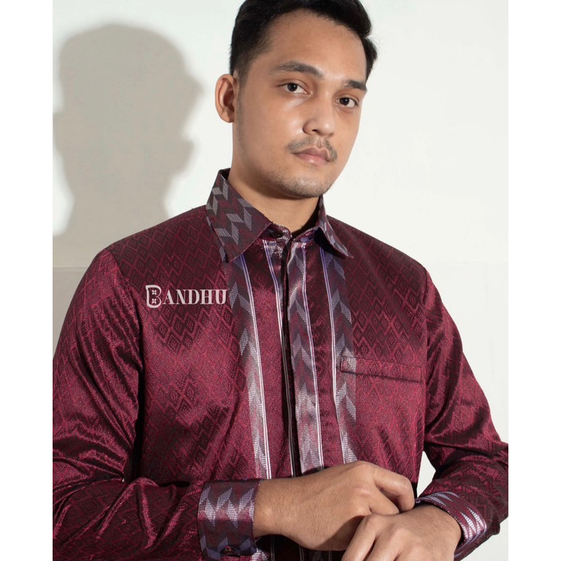 kemeja pria lengan panjang songket ori magenta