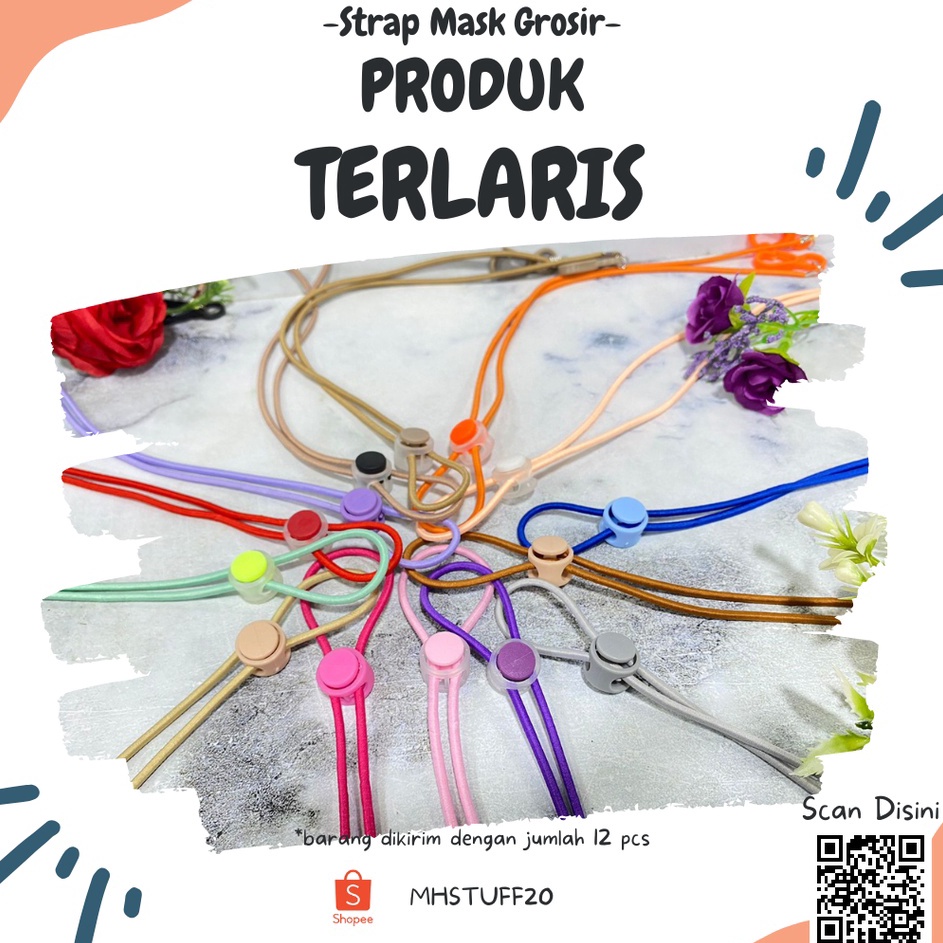 ZHGG8306 Ready Stok 12 pcs / 1Lusin Strap Mask karet polos Tali STRING 2 in1 Kalung Konektor Masker