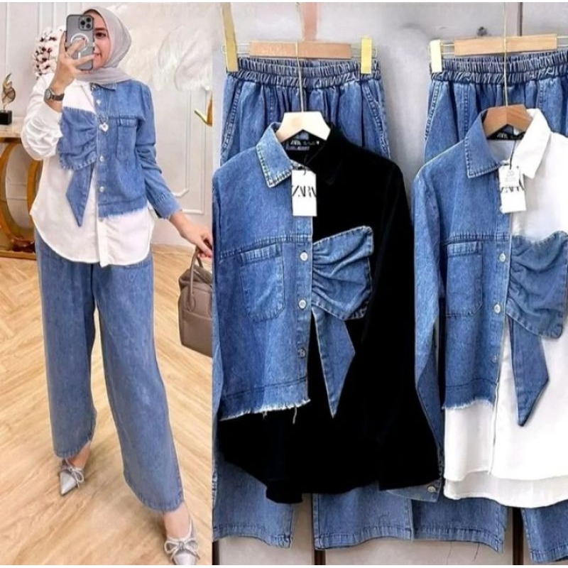 Setelan Baju Wanita modern Narnia Set Bahan jeans mix toyobo setelan atasan kemeja tunik celana busu