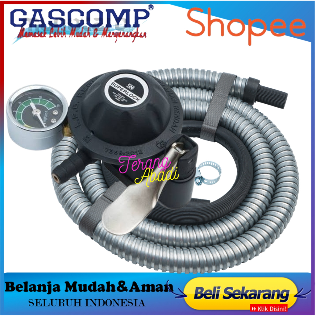 Regulator Gas LPG Gascom GRS-01+Selang Gas Metal Anti Tikus Regulator Gas Tekanan Rendah Super Lock