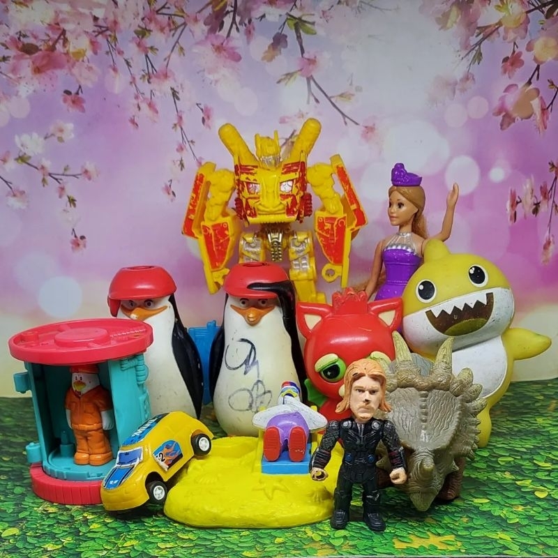 Set 10 pcs mainan preloved mcd thor,barbie mcd,transformers,baby shark,dinosaurus happy meal murah