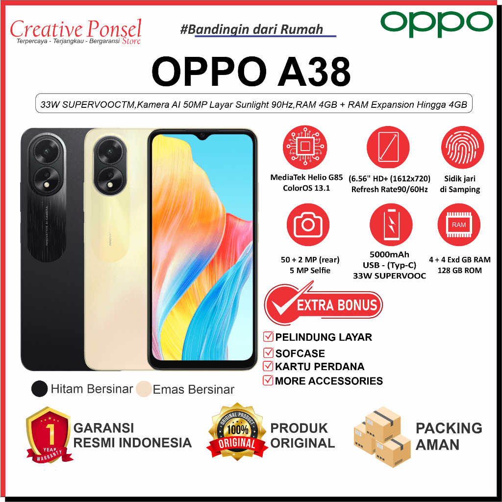 OPPO A38  33W SUPERVOOCTM, Kamera AI 50MP Layar Sunlight 90Hz,RAM 4GB + RAM Expansion Hingga 4GB