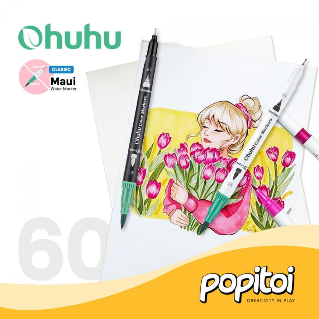 

OHUHU Maui 60 Colors Pens (Brush & Fineliner) Water Based Watercolor Markers