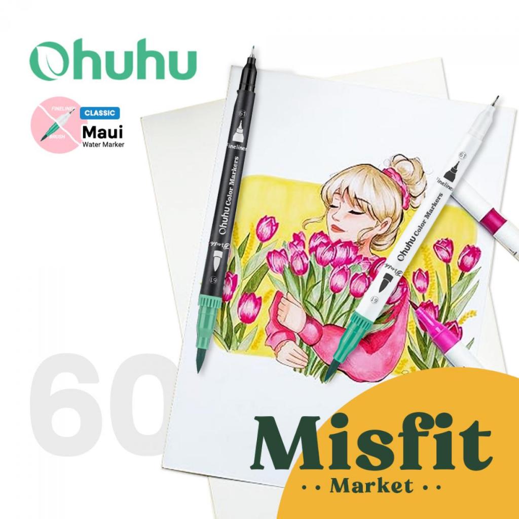 

OHUHU Maui 60 Colors Pens (Brush & Fineliner) Water Based Watercolor Markers