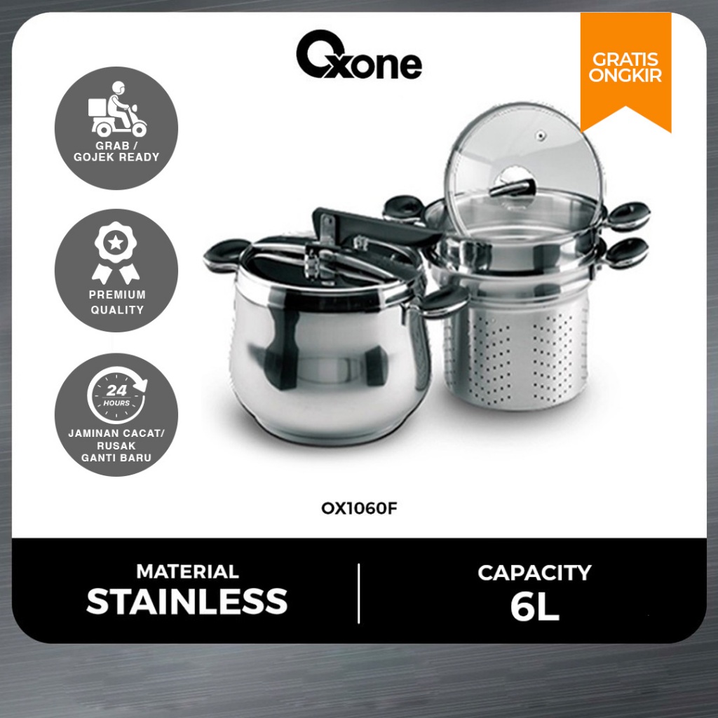 Oxone OX1060F Panci Presto 5 in 1 6L Stainless Steel Silver