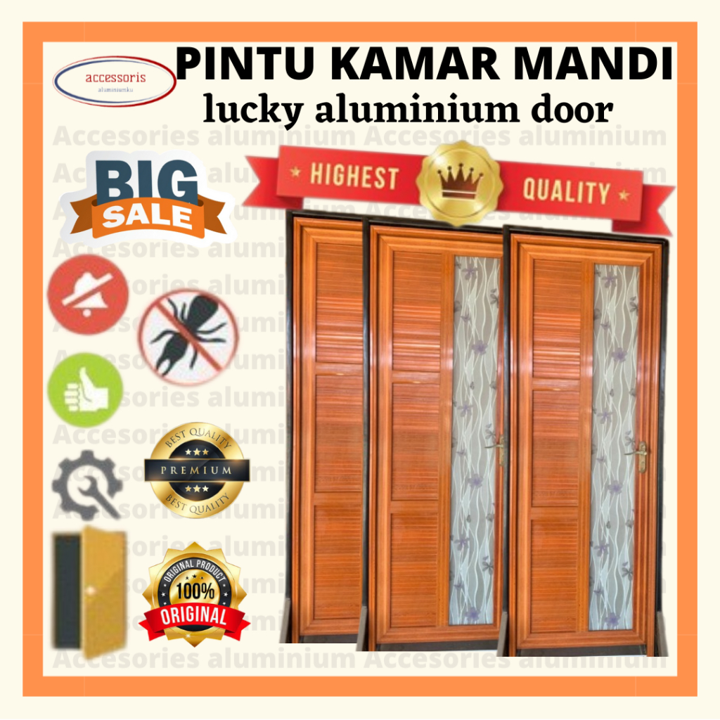 pintu kamar mandi/pintu utama/pintu kamar aluminium 70cm x2M urat kayu handle kiri -urat kayu kaca