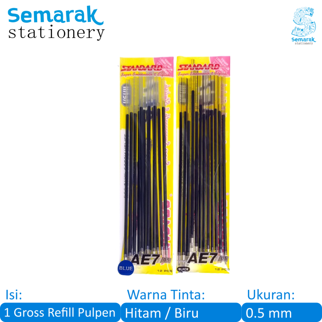 

Standard Refill Pen Isi Ulang Pulpen AE7 0.5 - Hitam / Biru [1 Gross / 12 Pack / 144 Pcs]