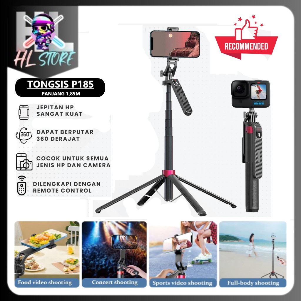 Tongsis Tripod Bluetooth 3in1 360° Rotasi Selfie Stick dengan remote wireless Panjang 185CM  peganga