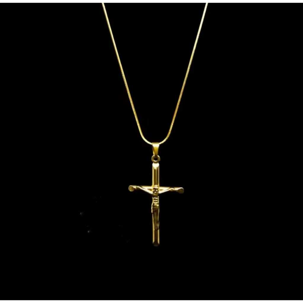 Kalung Pria Wanita Titanium Gold Kuning Model Salib Anti Karat Asli rantai bulat