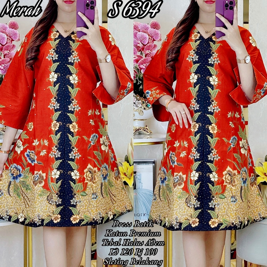6394# Dress Katun Premium Motif Batik Bunga Kecil