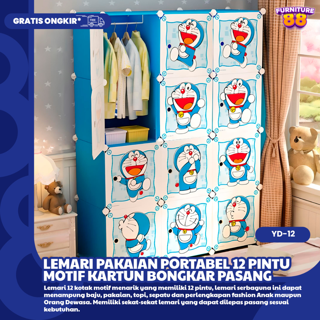 Furniture8888 Lemari Pakaian Portabel 12 Pintu Motif Kartun Bongkar Pasang Bahan Plastik Pvc Dengan 
