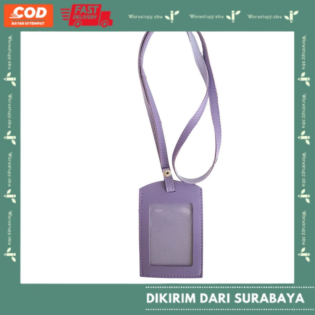 

Termurah Ungu Lilac Name Tag ID Card Holder Kancing Lanyard PU Leather Holder Name