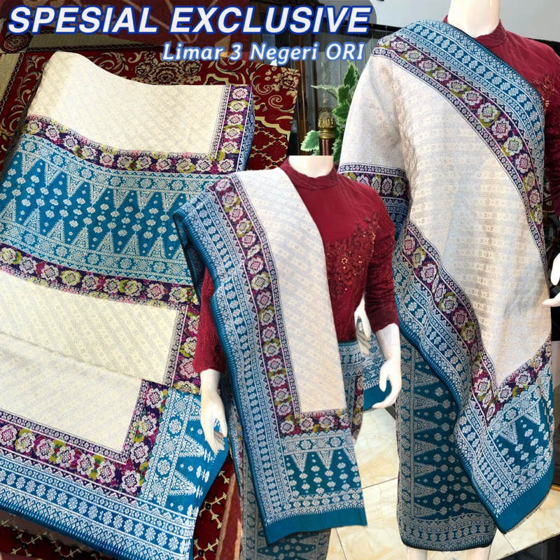 SPESIAL EXCLUSIVE Songket limar 3 Negeri ORI/putih tumpal Biru toska  / Songket tenun palembang asli