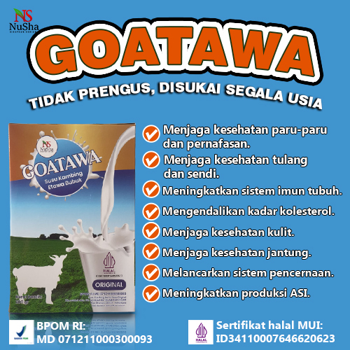 

GOATAWA: "Tidak Prengus, Disukai Segala Usia". Khasiat GOATAWA: ✔ Menjaga kesehatan paru-paru dan pernafasan. ✔ Menjaga kesehatan tulang dan sendi. ✔ Meningkatkan sistem imun tubuh. ✔ Mengendalikan kadar kolesterol. ✔ Menjaga kesehatan kulit.