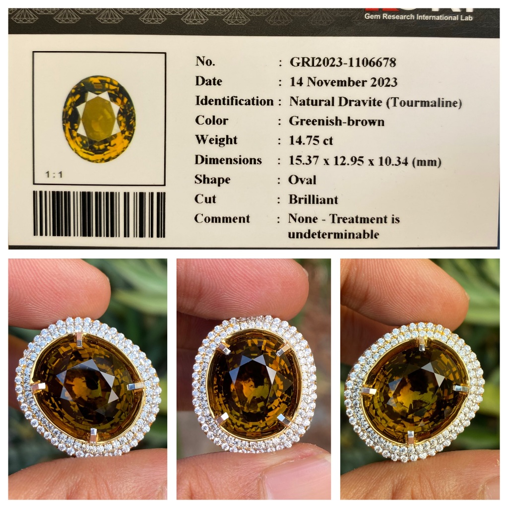 Natural 14.75ct greenish brown dravite tourmaline microsetting