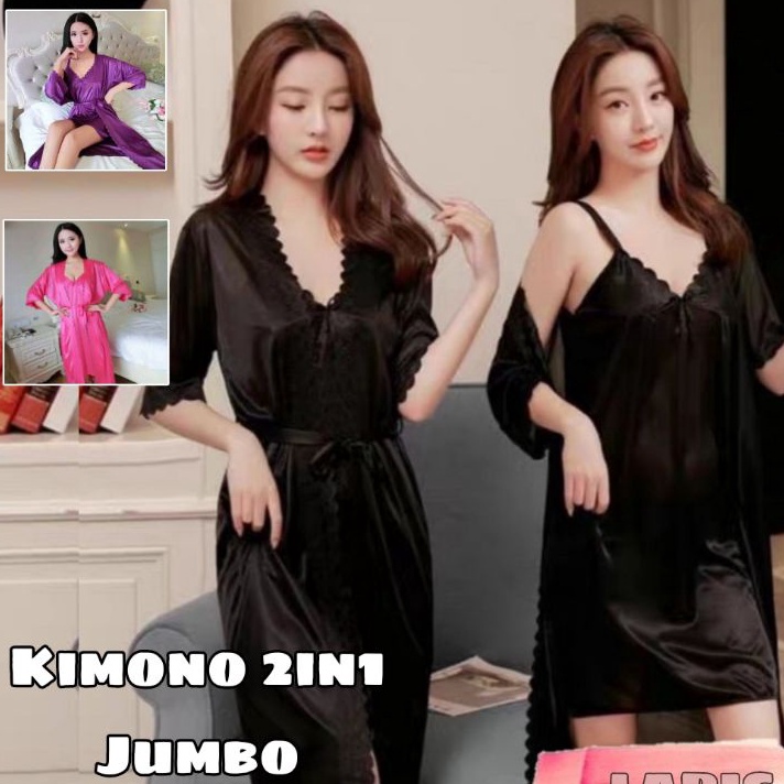 Banyak Peminat Laris - Kimono set TRICOT JUMBO wanita XXL / Set 2IN1 kimono lingerie import bahan sa