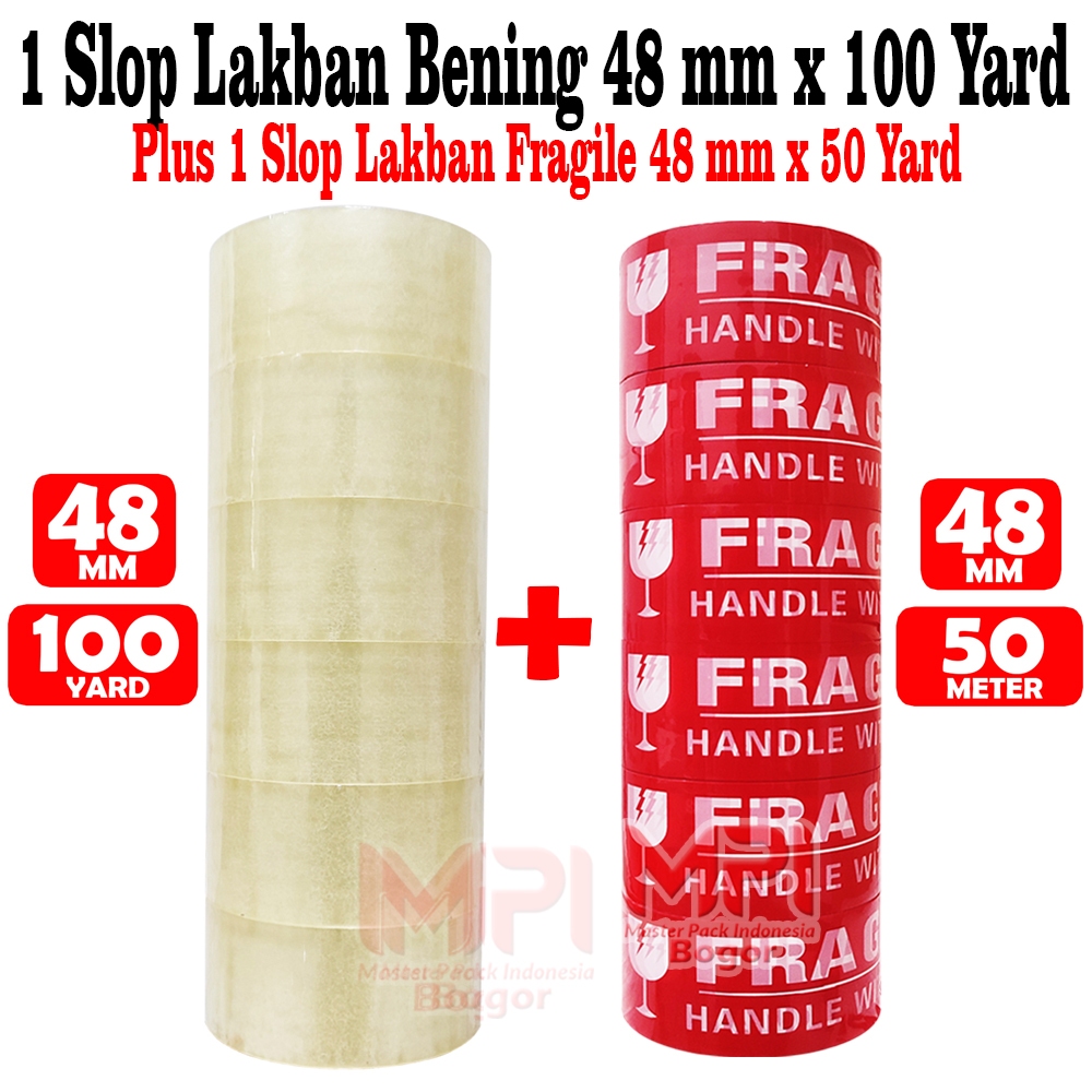 

PAKET HEMAT LAKBAN - 1 SLOP Lakban Bening MPI 48 mm x 100 yard + 1 SLOP Lakban Fragile Merah 50 yard - Master Pack Indonesia Bogor