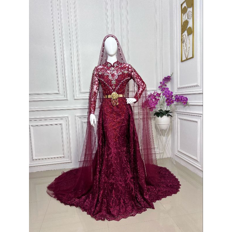 slim dress /gaun pengantin duyung maroon