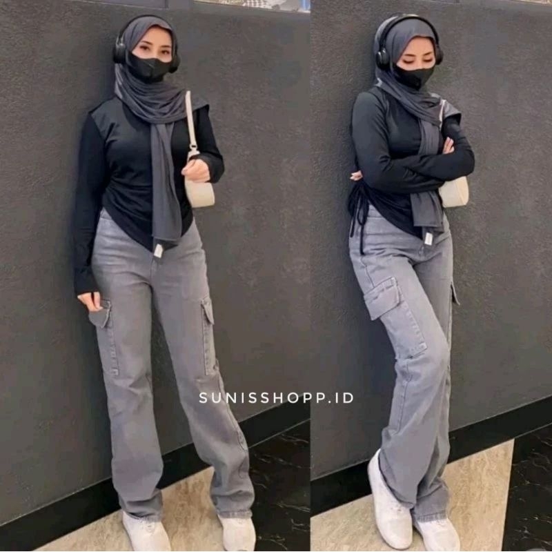 CELANA CARGO JEANS WANITA PREMIUM/CELANA CARGO JEANS