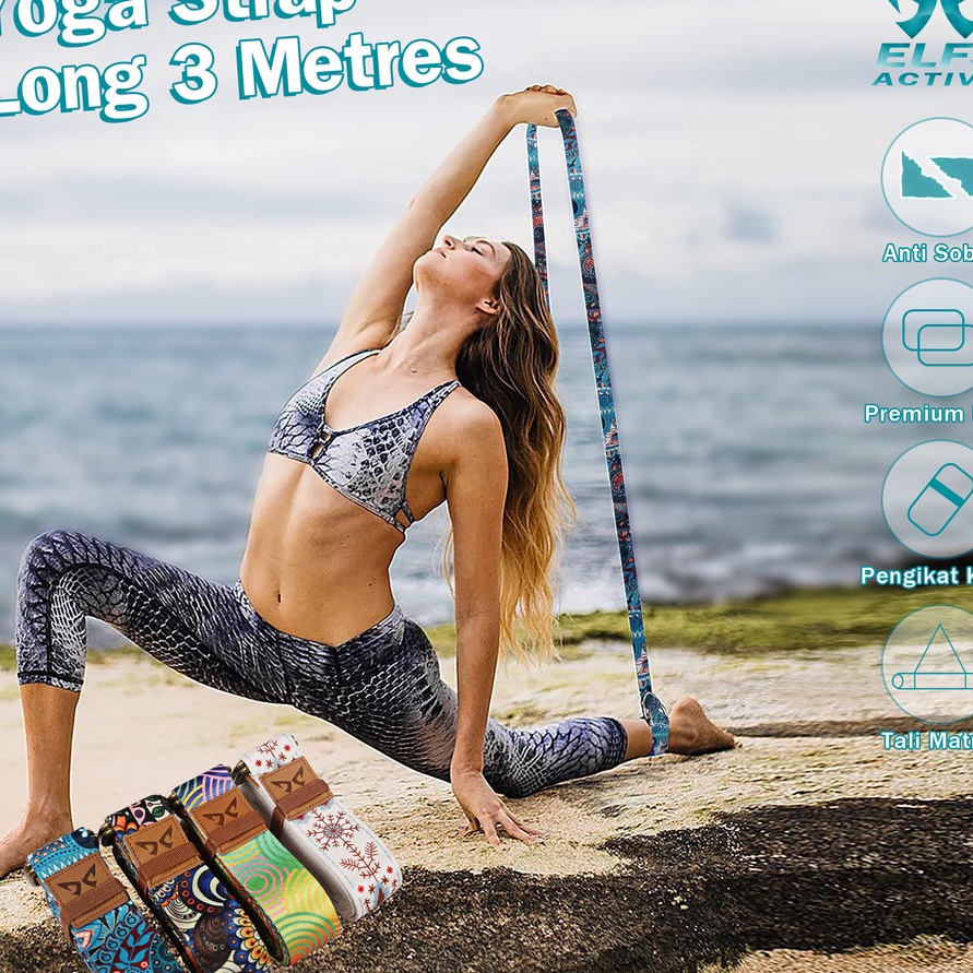 Best Seller Elfs Active 2in1 Premium Yoga Strap 3m Anti Slip Pilates Yoga Belt Tali Matras.