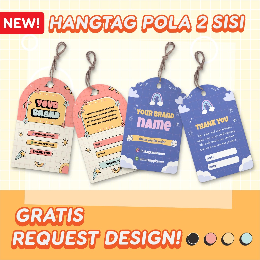 

Cetak Tag Label Baju Aksesoris Merk Produk Hampers 2 Sisi Cutting Pola Free Design - Print Hang Tag Custom