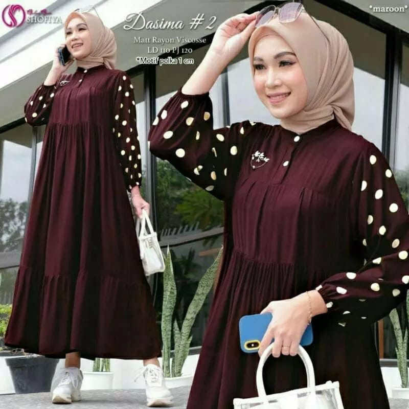 Dasima Gamis Polos Kombinasi Polkadot Midi Dress Terbaru Rayon Premium