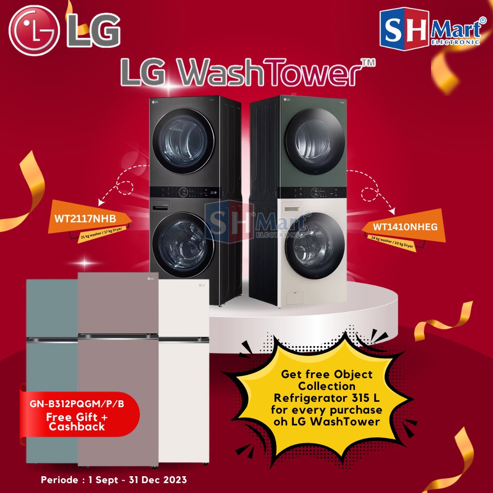 MESIN CUCI LG 14 KG & DRYER LG 10 KG WT1410NHEG OBJET WASHTOWER™ GARANSI RESMI