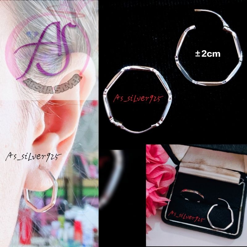 ANTING PERAK BULAT PERSEGI ASLI SILVER 925 LAPIS MAS PUTIH