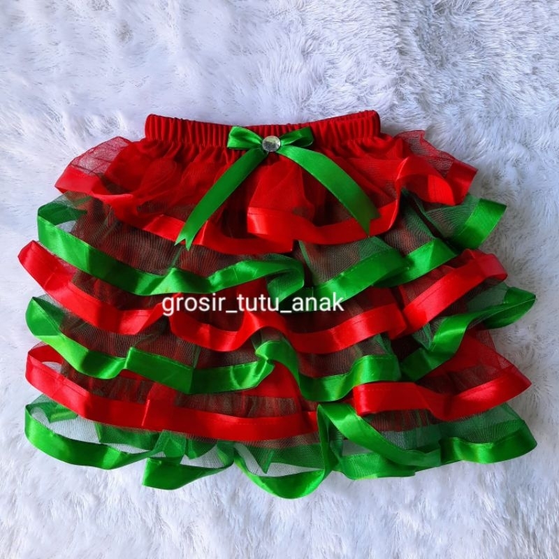 Morena Rok Tutu Tile Merah List Pita Hijau - Rok Tutu Anak Usia 1-12 Tahun - Rok Natal - Rok Tutu Me