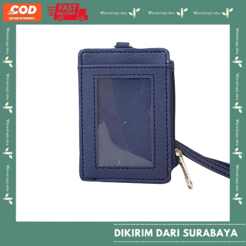 

Dompet Kartu Biru Navy Resleting R1 Kulit Lanyard Zipper PU Leather ID Card Holder Name Tag