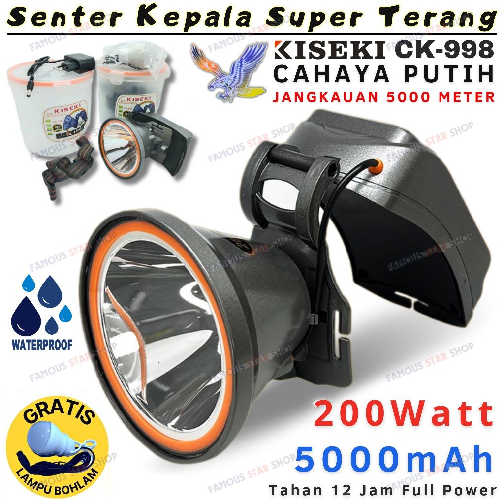 Senter Kepala LED Charger Super Terang 200 Watt Kiseki CK-998 Baterai 5000mAh Tahan Hingga 12 Jam Fu