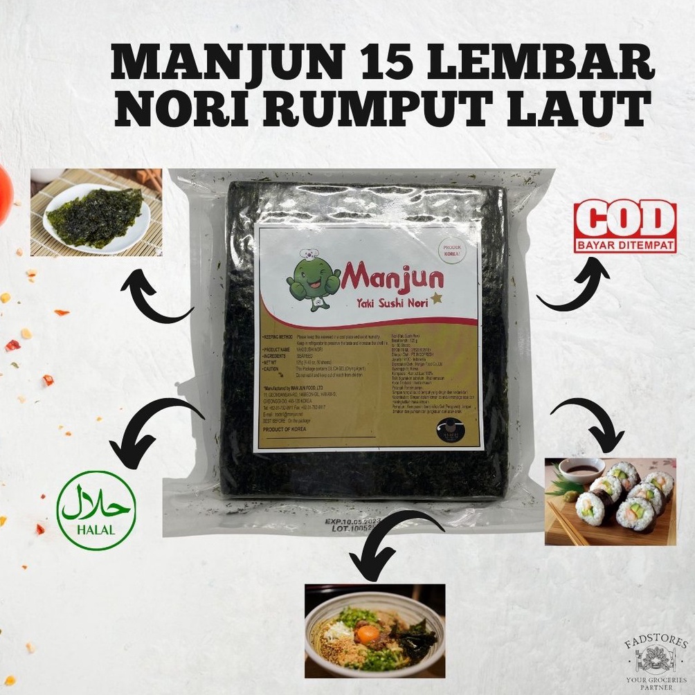 

St0k B4nyak Nori Rumput Laut Manjun 15 Lembar - Nori Sushi Halal Spesial Discount