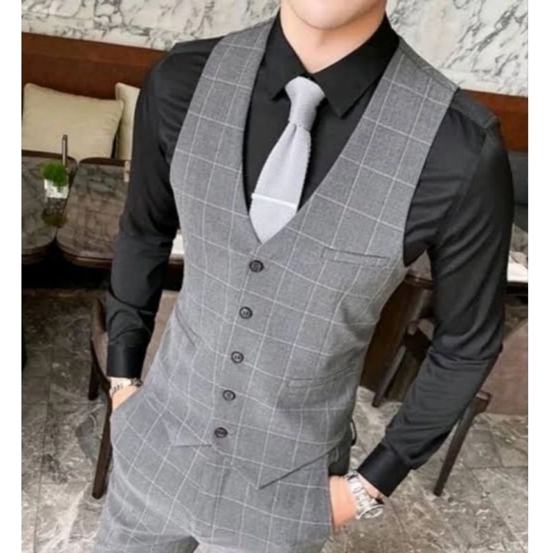 Vest Rompi Formal Pria Motif Kotak Kotak Bahan Semi Woll