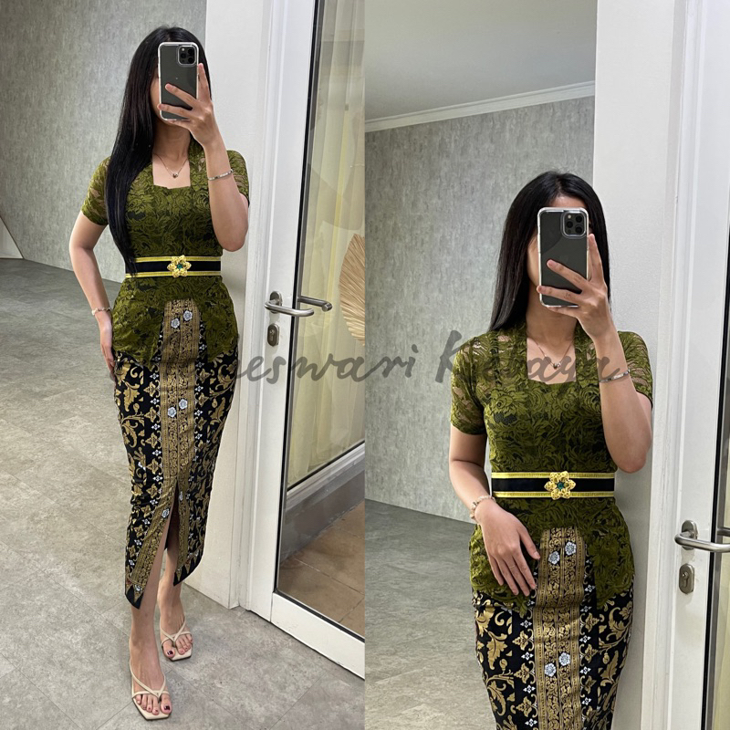 Kebaya Bali Set Brukat Pendek Hijau Army