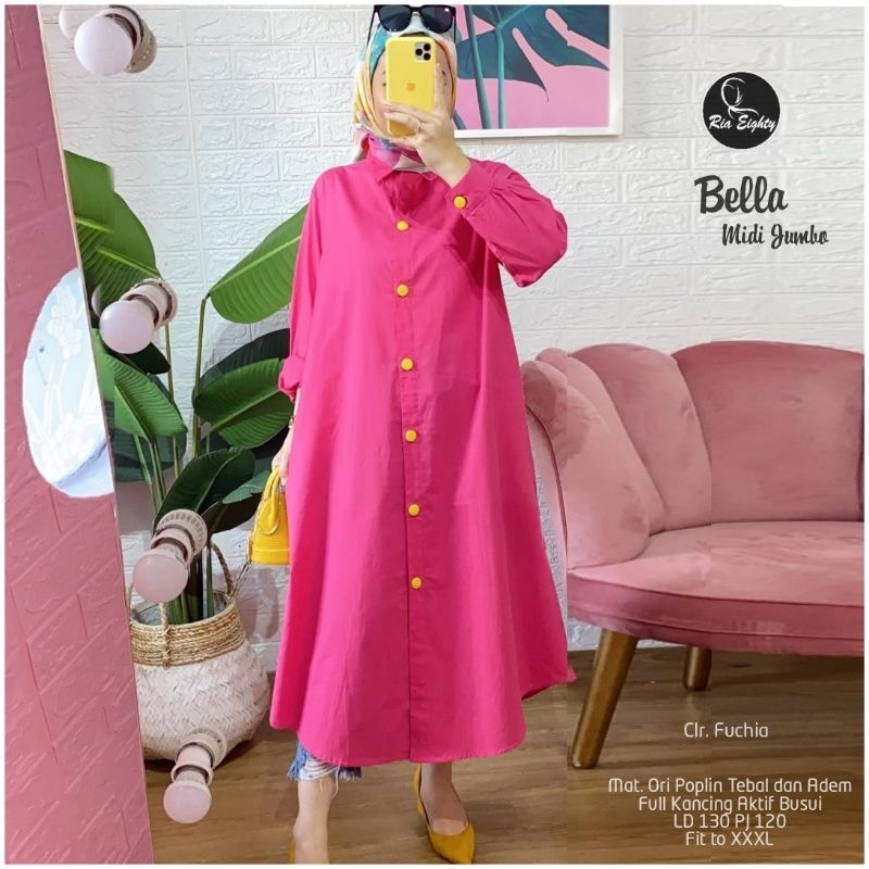 Bella Midi Dress Maxy Jumbo Polos Fuchia Sage Green Mint Katun Linen Premium Ld 130 Super Jumbo Fit 