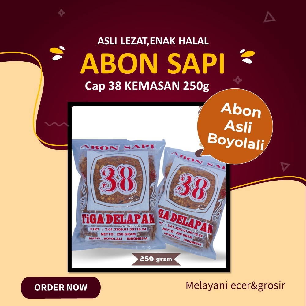 

Abon Sapi Cap 38 kemasan 250 gr Abon Boyolali