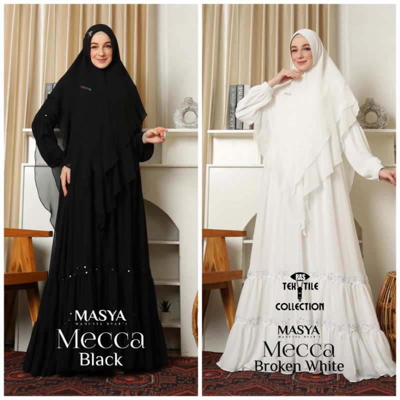 Set Gamis Dress Ceruty Babydoll Premium Syari Branded Broken White - Black - Putih - Hitam Mewah Mas
