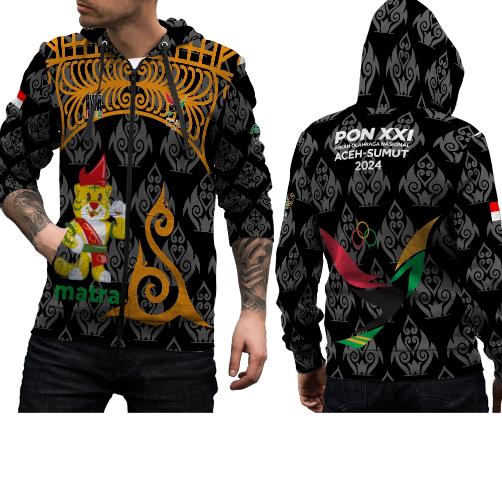 Jaket Hoodie Pria Motif PON XXI ACEH SUMUT / Jaket Sweater Wanita Pon Aceh Fullprint