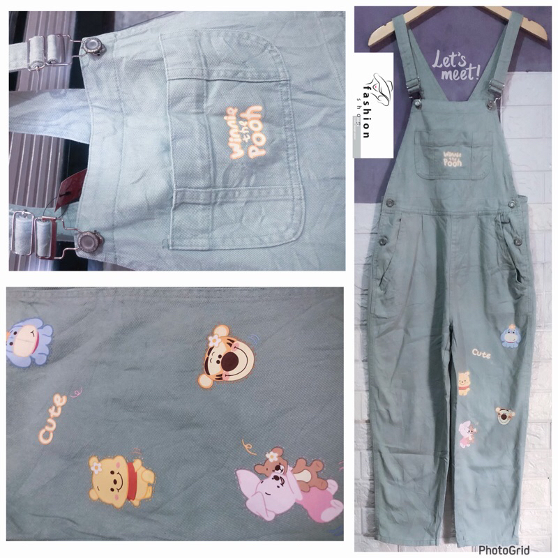 JP jumpsuit dewasa jeans karakter wp winnie the pooh overall ol boyfriend long panjang 130cm hijau s