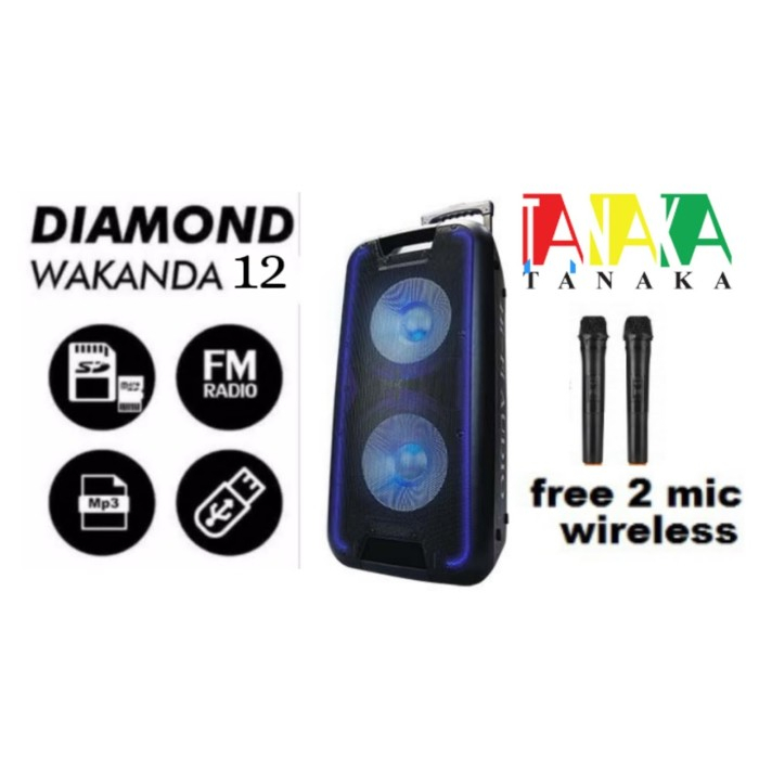 Speaker Portable 12 Double Bass Tanaka Diamond Wakanda 2 Mic Wireless