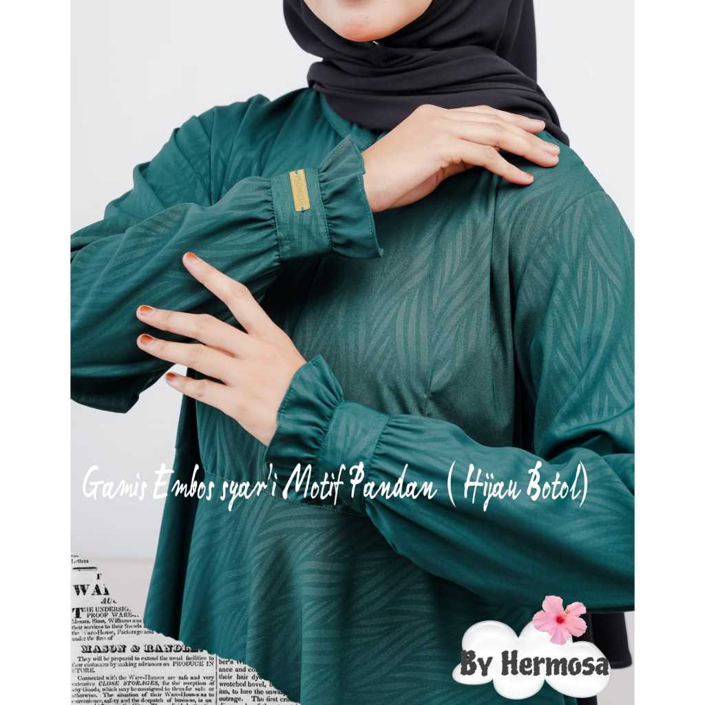 [Gamis hermosa]Gamis hermosa embos wolfis motif pandan hijau botol-pakaian wanita syari-gamis
